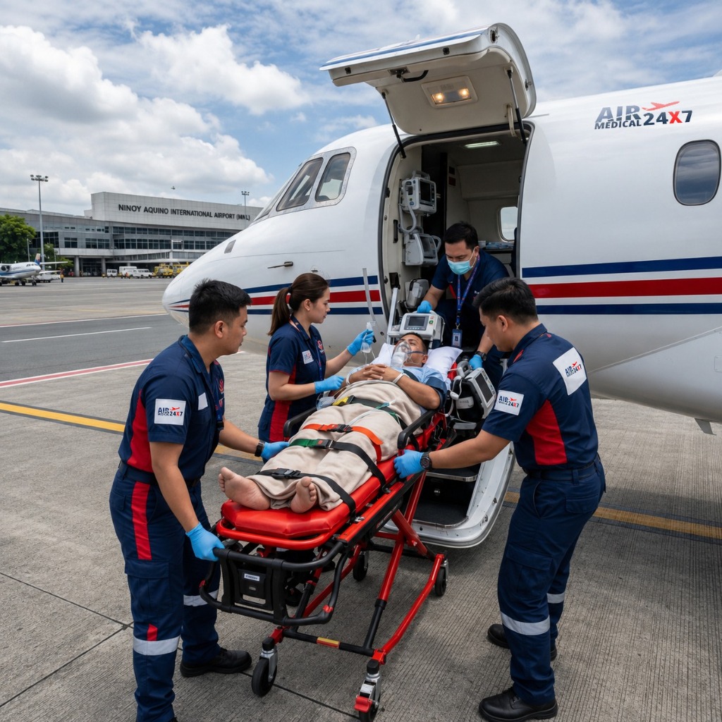 Air Medical 24X7 medical team transferring a patient to an ICU air ambulance at Ninoy Aquino International Airport in the Philippines