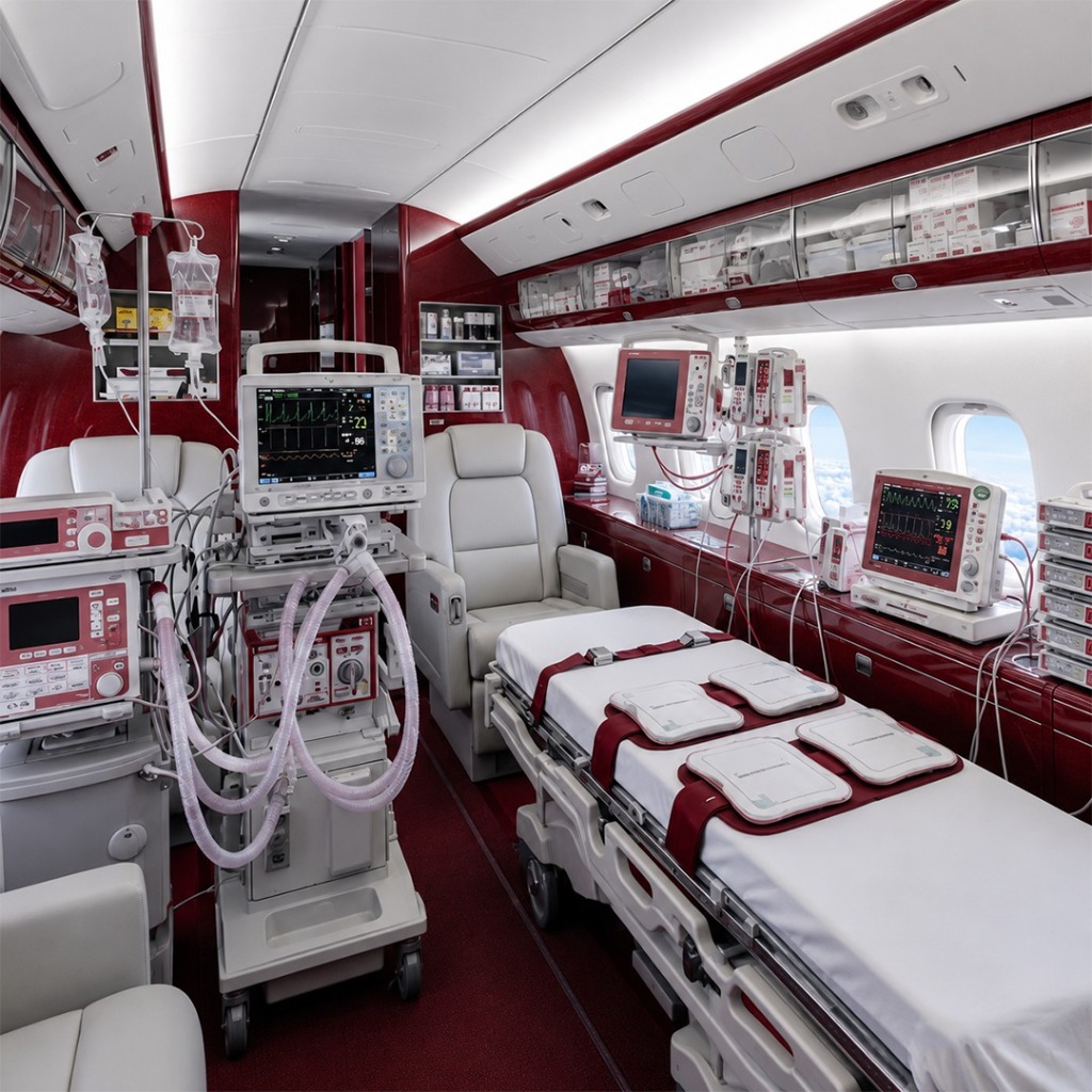ECMO equipped air ambulance providing critical cardiac and respiratory life support during patient transfer