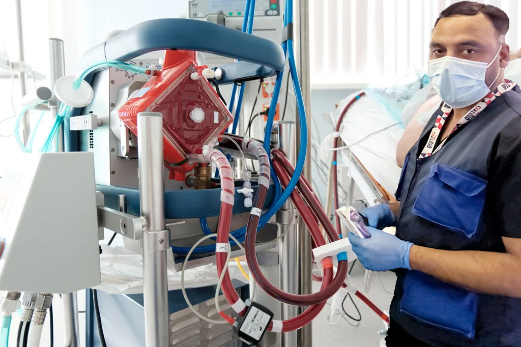 ECMO equipped air ambulance providing critical cardiac and respiratory life support during patient transfer