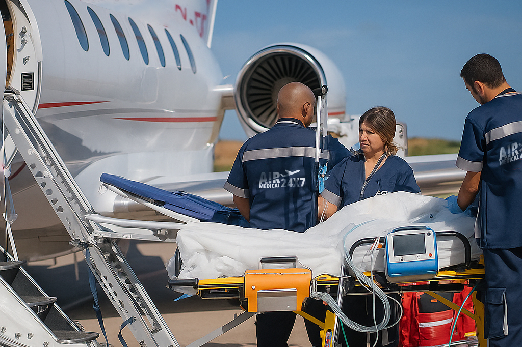 ICU equipped air ambulance aircraft with doctors onboard for emergency medical evacuation