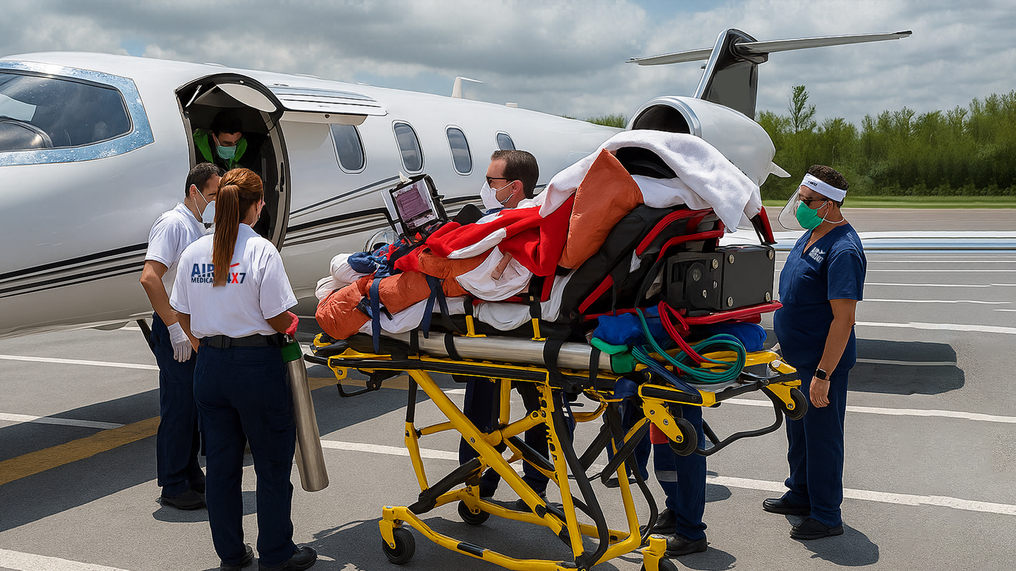 Patient being safely transferred on a commercial airline stretcher with medical escort by Air Medical 24X7