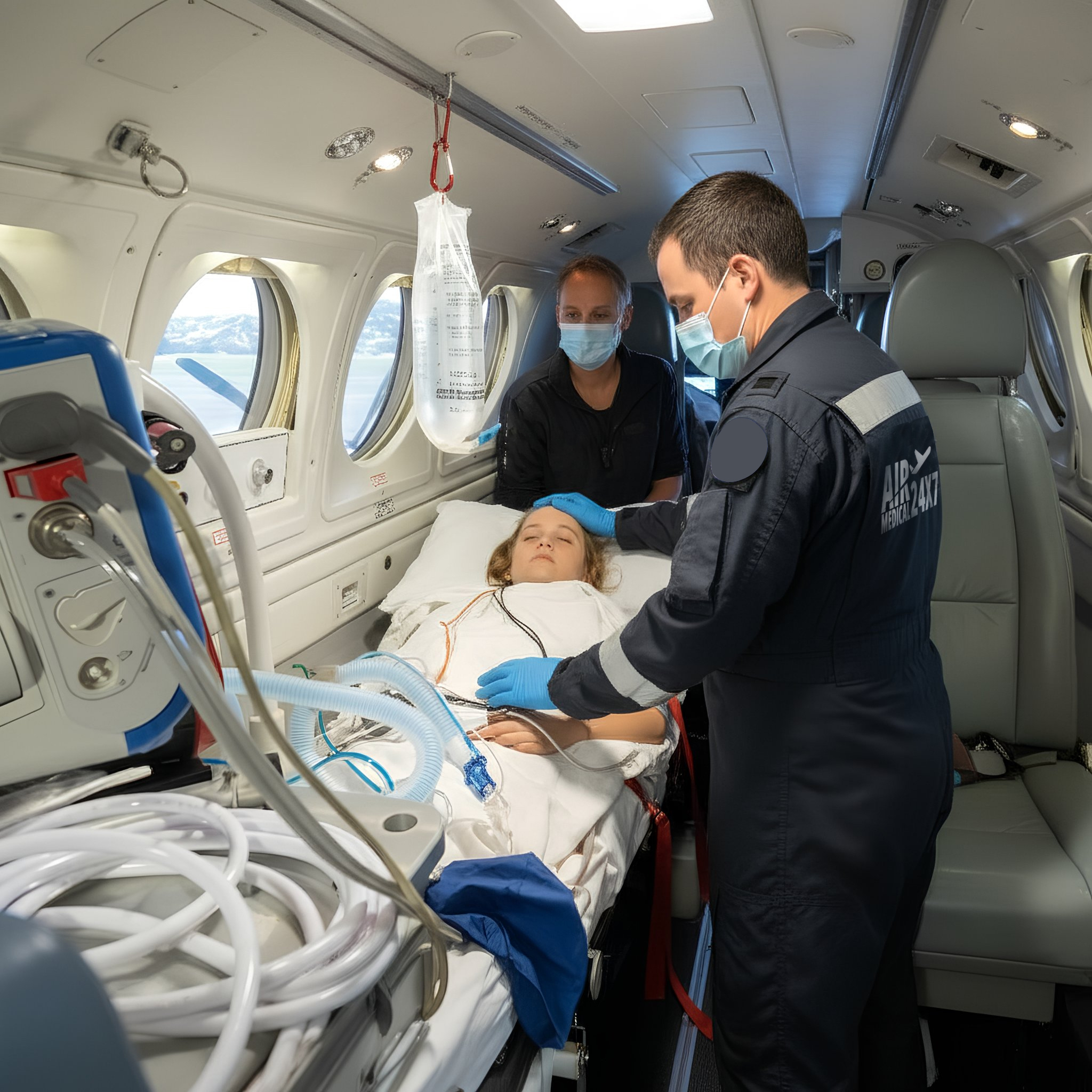 Flight medical escort team providing in-flight patient care on commercial aircraft